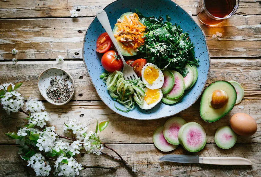 Colorful plate of various healthy foods on a wooden table